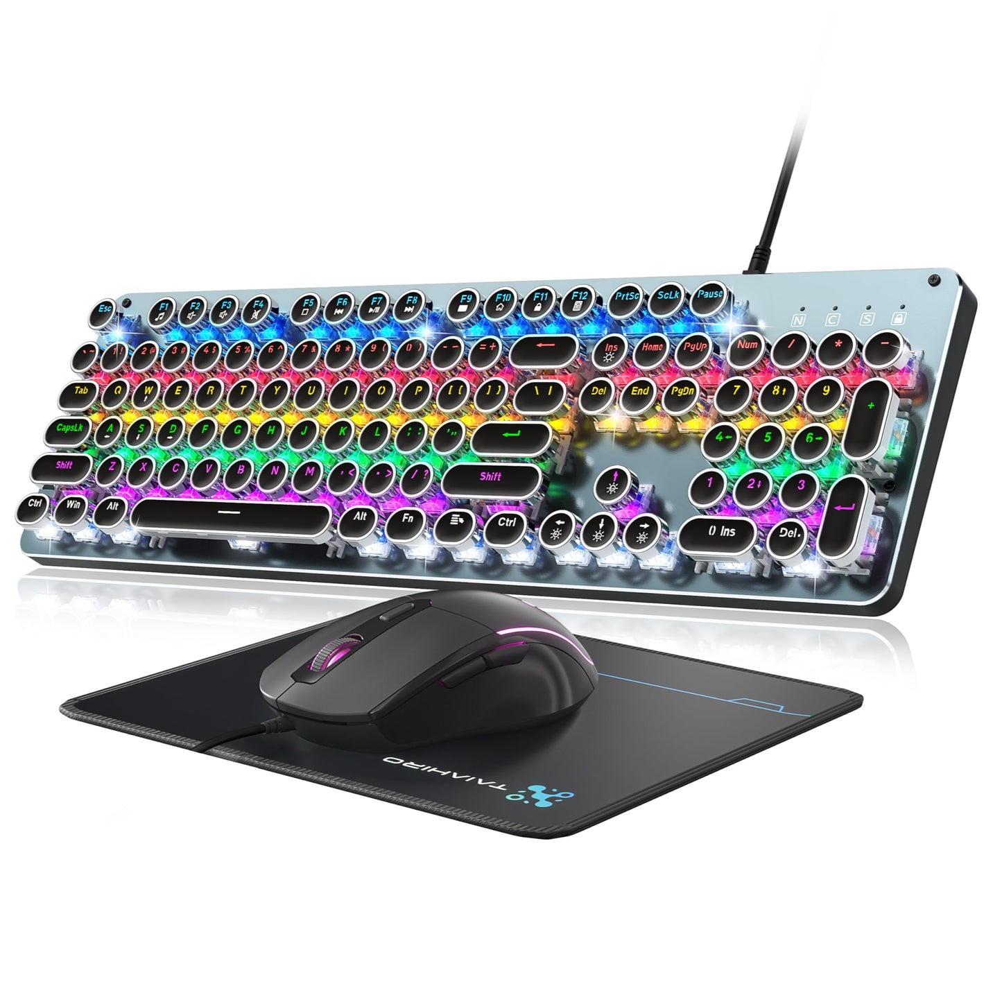 Typewriter Style Mechanical Gaming Keyboard Blue Switch  Rainbow LED Backlit Wired Computer Keyboards Mouse and Pad Combo  Metal Panel Retro Punk Round Keycaps  104 Keys Anti-Ghost for PC Laptop Gamer
