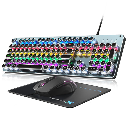 Typewriter Style Mechanical Gaming Keyboard Blue Switch  Rainbow LED Backlit Wired Computer Keyboards Mouse and Pad Combo  Metal Panel Retro Punk Round Keycaps  104 Keys Anti-Ghost for PC Laptop Gamer
