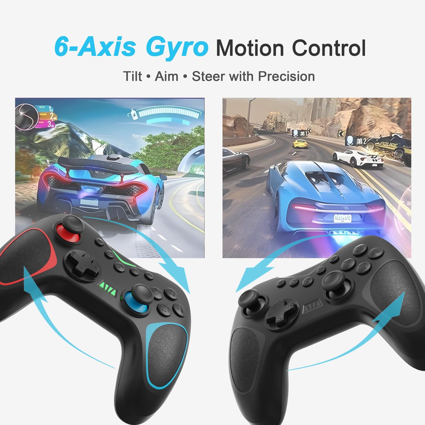Playnex Wireless Controller for Nintendo Switch - 2 Pack, Hall Effect Joystick, RGB Lights, Turbo, Dual Vibration, Black with Red/Blue Accents