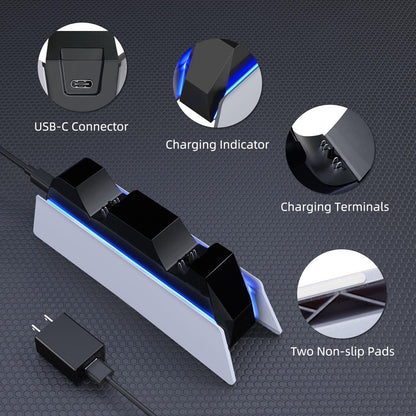 afbptek PS5 Controller Charger Station - Fast Dual Charging, White and Black, Model MRP0501, Blue LED Indicator