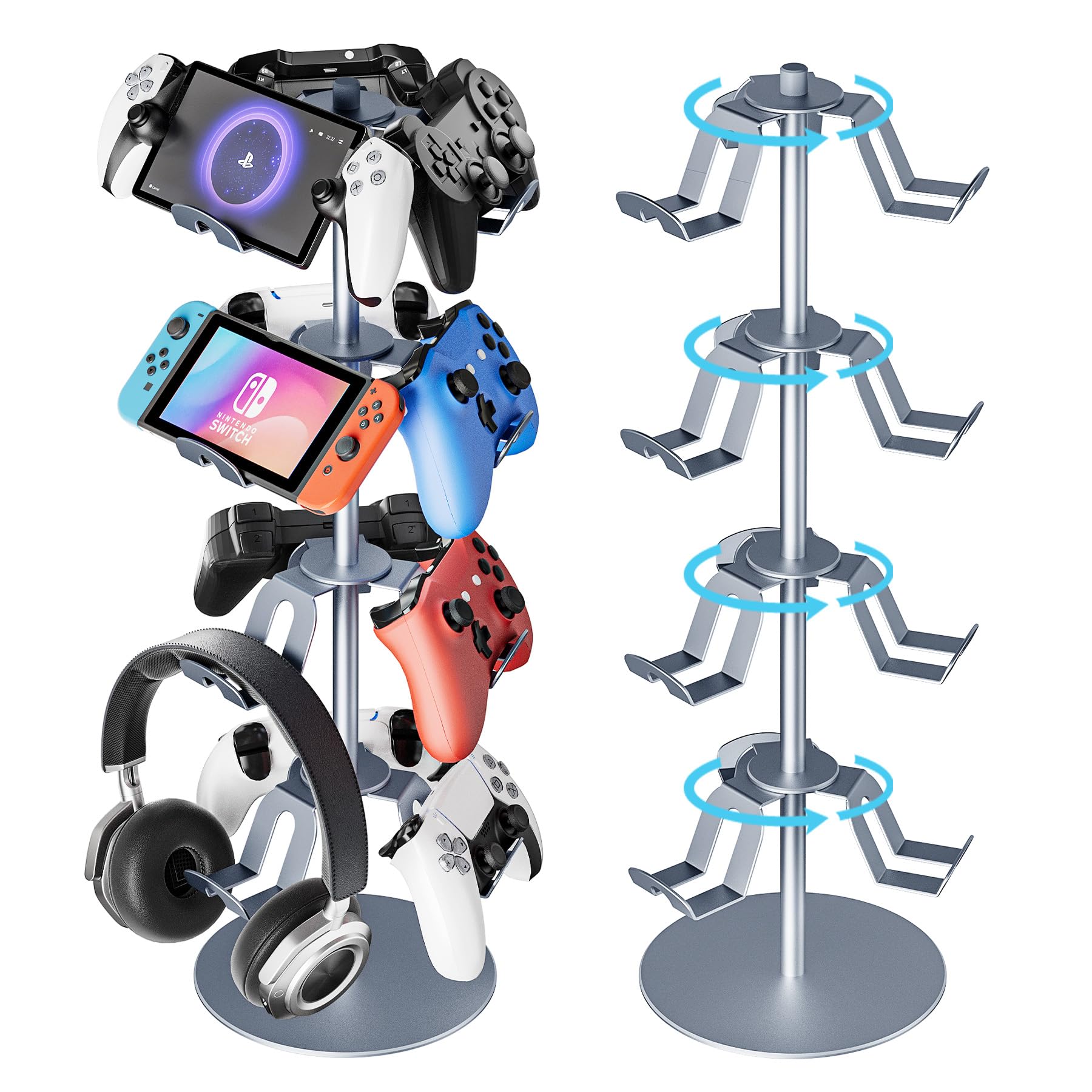 ZHGM 4 Tier Gaming Controller Stand, Rotatable Headset Holder for PS5, Xbox, Switch, Grey, Model PS504