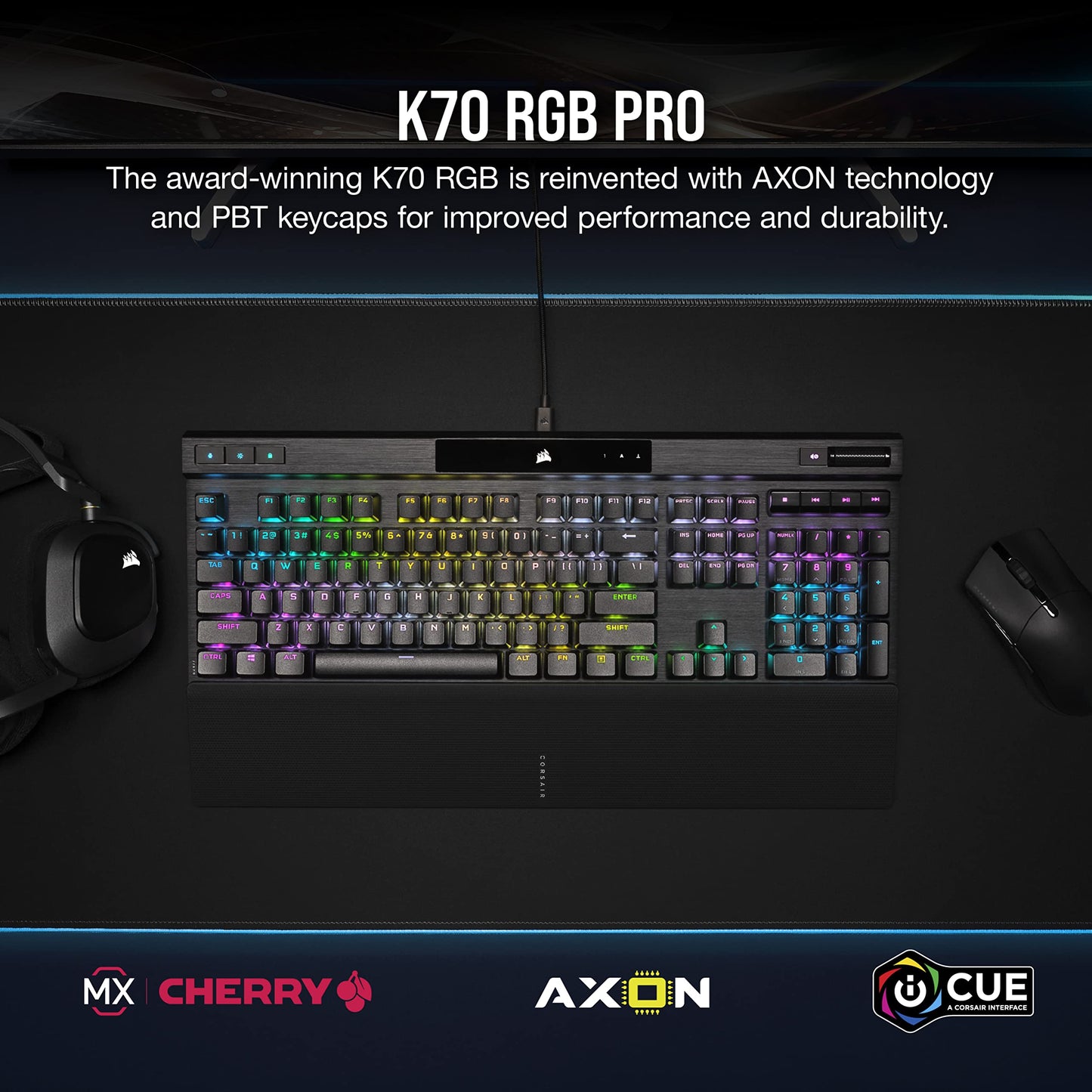 Corsair K70 RGB PRO Mechanical Gaming Keyboard - CHERRY MX Speed, 8,000Hz, Black, PBT Keycaps, Soft-Touch Palm Rest