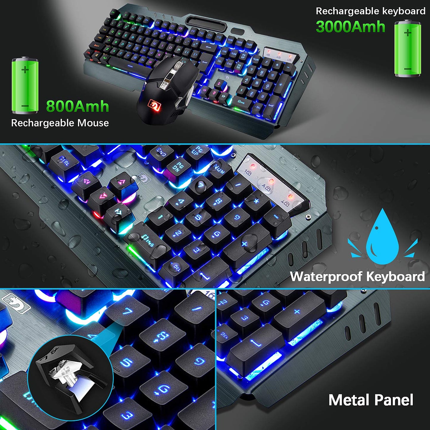 LexonElec Wireless Gaming Keyboard & Mouse Combo, Rechargeable, Rainbow Backlit, Metal Panel, Black Mix LED