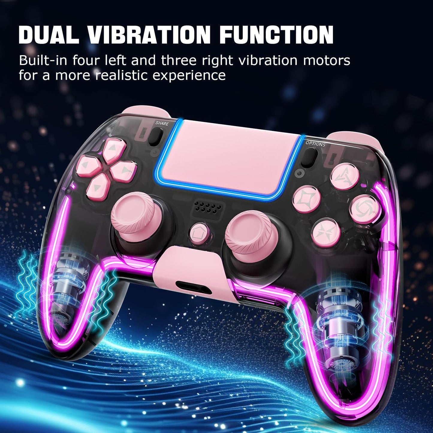 BRHE Wireless PS4 Controller - Pink, Hall 3D Joysticks, RGB LED Lights, Programmable Funtion for PS4/Slim/Pro