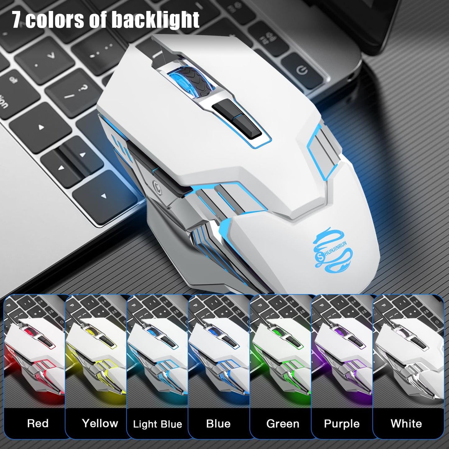 SHUNJINRUN Wireless Gaming Mouse, Bluetooth 3-Modes (BT5.0+BT3.0+2.4GHz), Rechargeable, RGB Backlit, Silent Click, White