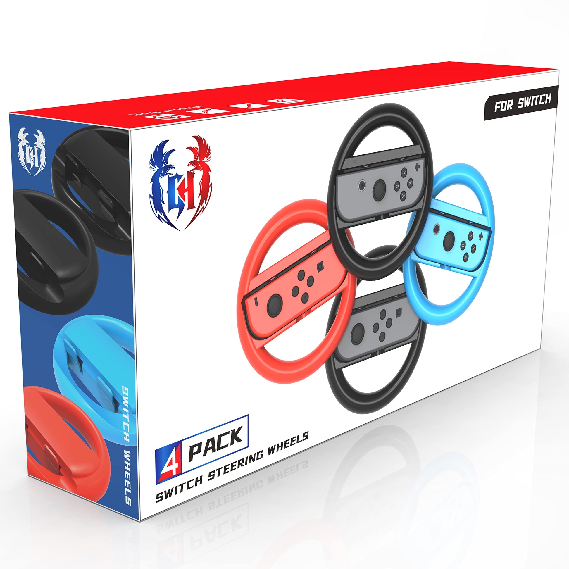 4 Pack Switch Steering Wheel Compatible with Mario Kart 8 Deluxe  GH Racing Wheel Accessories Compatible with Nintendo Switch/Switch OLED Joy Con Controller (Black x2  Red and Blue)