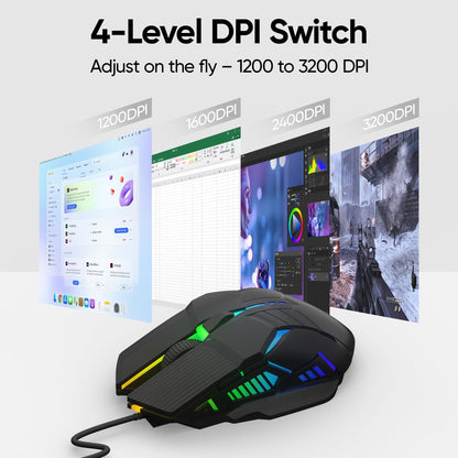 MELOGAGA Wired Gaming Mouse - Lightweight USB Optical, 7-Color RGB, 4 DPI Levels, Ergonomic Design, Model S800-Black