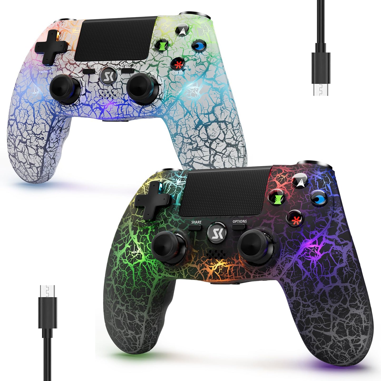 2 Pack Wireless Controller for PS4  Equipped with Adjustable RGB Lighting  1000mAh Battery  Dual Vibration Motors  and 6-Axis Gyroscope  Gaming Controller Compatible with PS4/Slim/Pro/PC/IOS/Android
