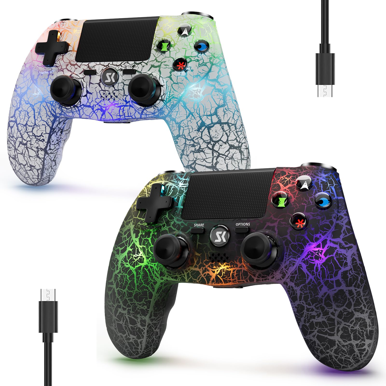 2 Pack Wireless Controller for PS4  Equipped with Adjustable RGB Lighting  1000mAh Battery  Dual Vibration Motors  and 6-Axis Gyroscope  Gaming Controller Compatible with PS4/Slim/Pro/PC/IOS/Android