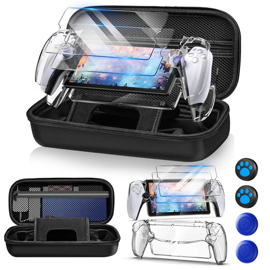 Auarte 12-in-1 Accessories Set for PS Portal, Hard Case, 2 Screen Protectors, Thumb Grips, M, Carbon Black, Model PSP12B