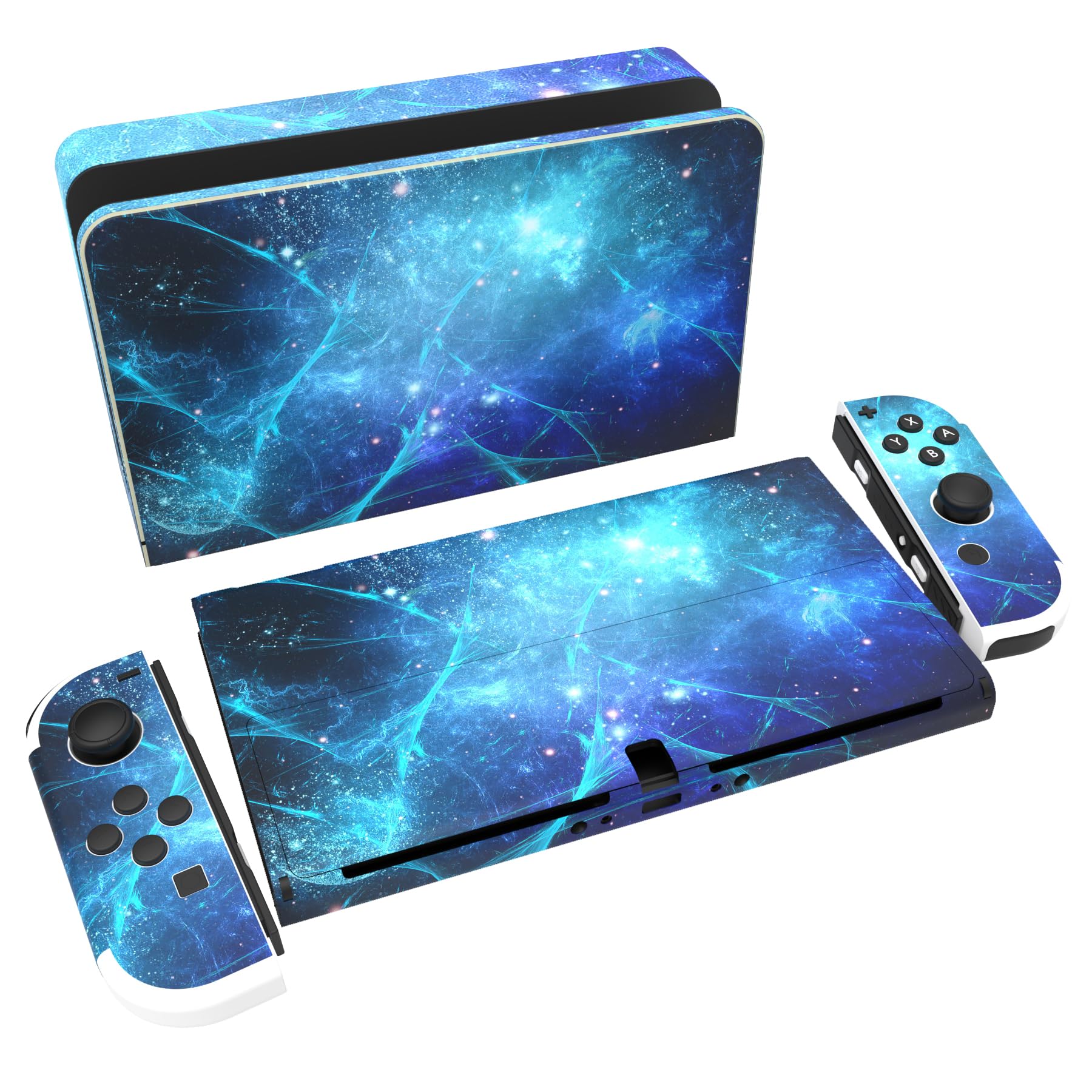 PlayVital Full Set Protective Stickers for Nintendo Switch OLED Model  Customized Vinyl Decal Skins for Switch OLED Console & Joycon & Dock & Grip - Blue Nebula