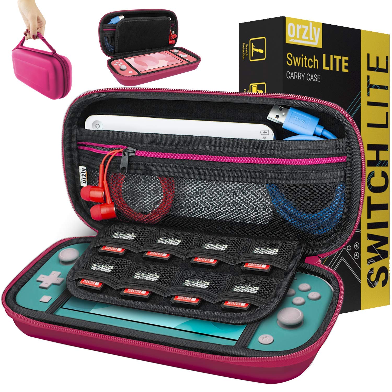 Orzly Carry Case for Nintendo Switch Lite - Portable Travel Carry Case with storage for Switch Lite Games & Accessories [Pink]