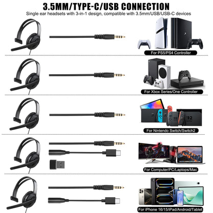 Koiiko Wired One Ear Headset with Mic - 3.5mm/Type-C/USB for PS5/PS4/Xbox/PC - Black - Model CO26