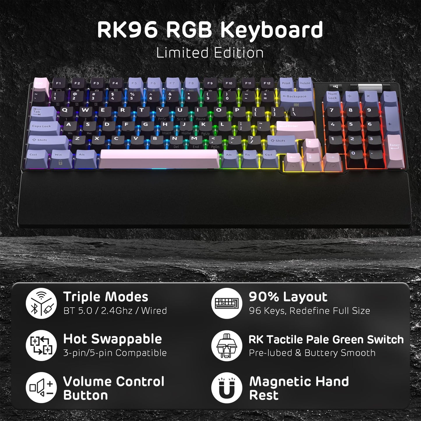 RK ROYAL KLUDGE RK96 Wireless Mechanical Keyboard, 90% Layout, RGB, Hot Swappable, Tactile Pale Green Switch, Black & Pink