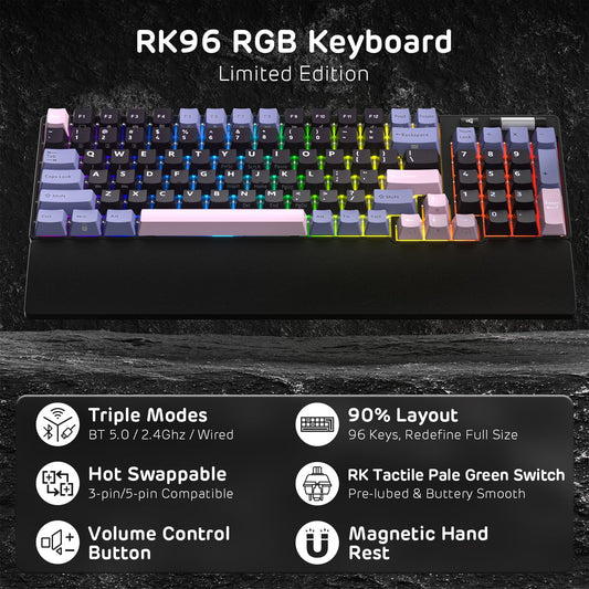 RK ROYAL KLUDGE RK96 Wireless Mechanical Keyboard, 90% Layout, RGB, Hot Swappable, Tactile Pale Green Switch, Black & Pink