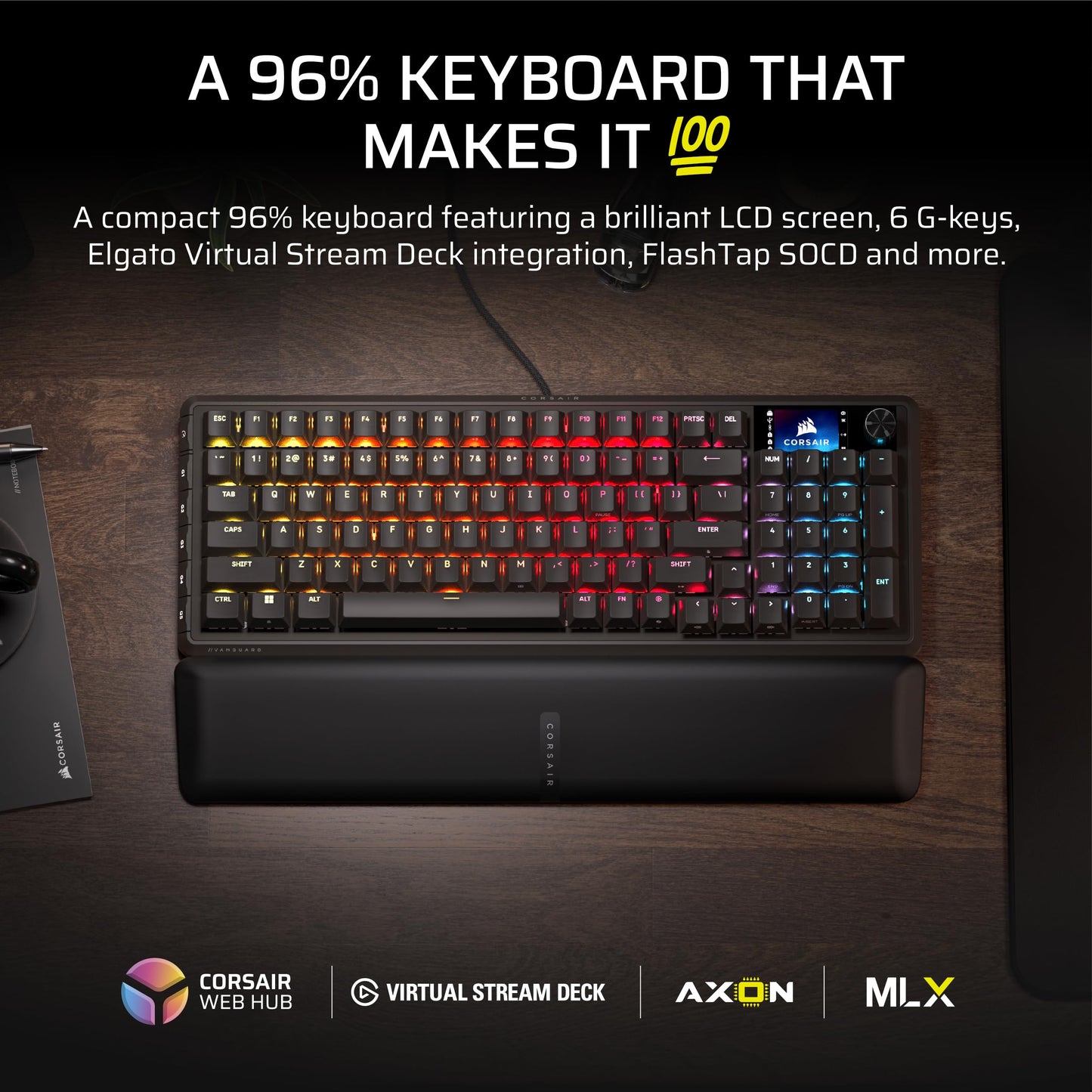 Corsair Vanguard 96 Wired Mechanical Gaming Keyboard - 96% Layout, MLX Fusion Tactile Switches, 8000Hz Polling, Black