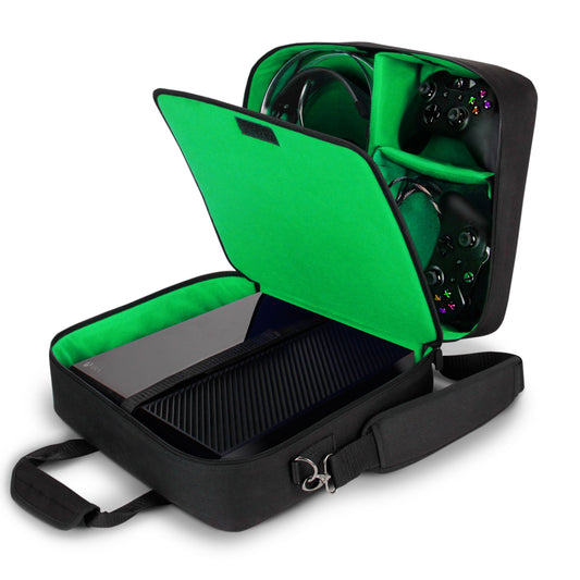 USA GEAR Console Carrying Case - Xbox Travel Case Compatible with Xbox One  Series S  Xbox 360 with Water Resistant Exterior & Accessory Storage for Controllers  Cables  Gaming Headsets & more - Green