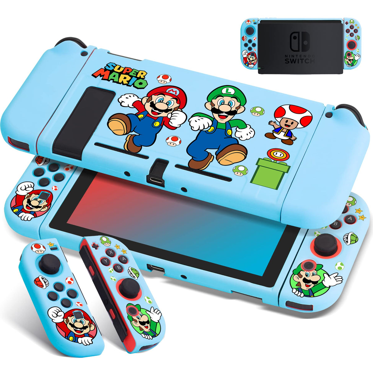 Xcitifun Designed for Nintendo Switch Case TPU Switch Cases for Girls Boys Kids Cute Kawaii Character Cartoon Protective Shell Compatible with Nintendo Switch Cover - Blue Mushroom