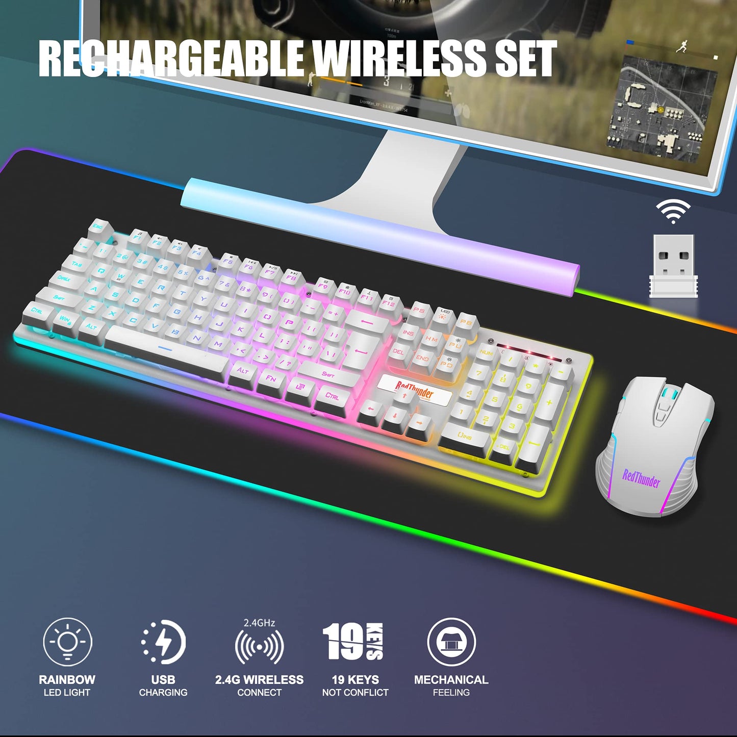 RedThunder K10 Wireless Gaming Keyboard & Mouse Combo, LED Backlit, 3200DPI, White, Mechanical Feel, Rechargeable 3800mAh Battery