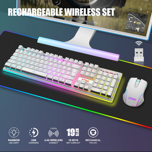 RedThunder K10 Wireless Gaming Keyboard & Mouse Combo, LED Backlit, 3200DPI, White, Mechanical Feel, Rechargeable 3800mAh Battery
