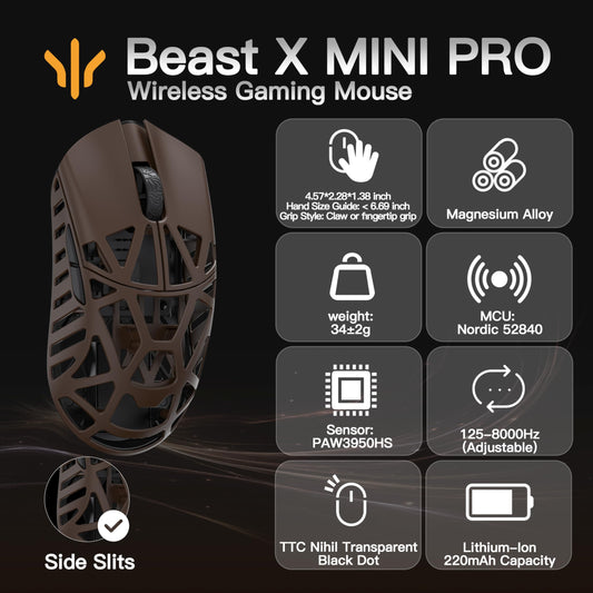 SMACKAPE WLMOUSE Beast X Mini Pro Gaming Mouse - 34g, 30000 DPI, 8K Polling Rate, Deep Cocoa, TTC Switch-Side Slits, 116