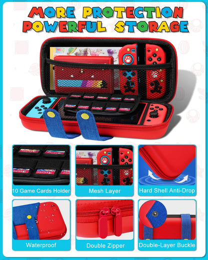 Gurgitat Nintendo Switch 8in1 Carrying Case Bundle Kit, Red Blue Maro, Includes Thumb Grips, Game Card Holder, Dockable Cover Skin