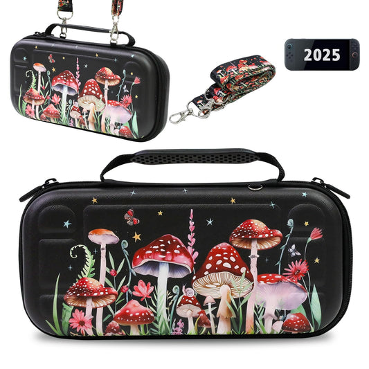 FlyingMage Carrying Case Compatible with Switch 2 2025  Switch2 Hard Shell Storage Bag with 12 Game Card Slots & Shoulder Strap  Cute Travel Carry Case for Switch 2 Console and Accessories  Mushroom