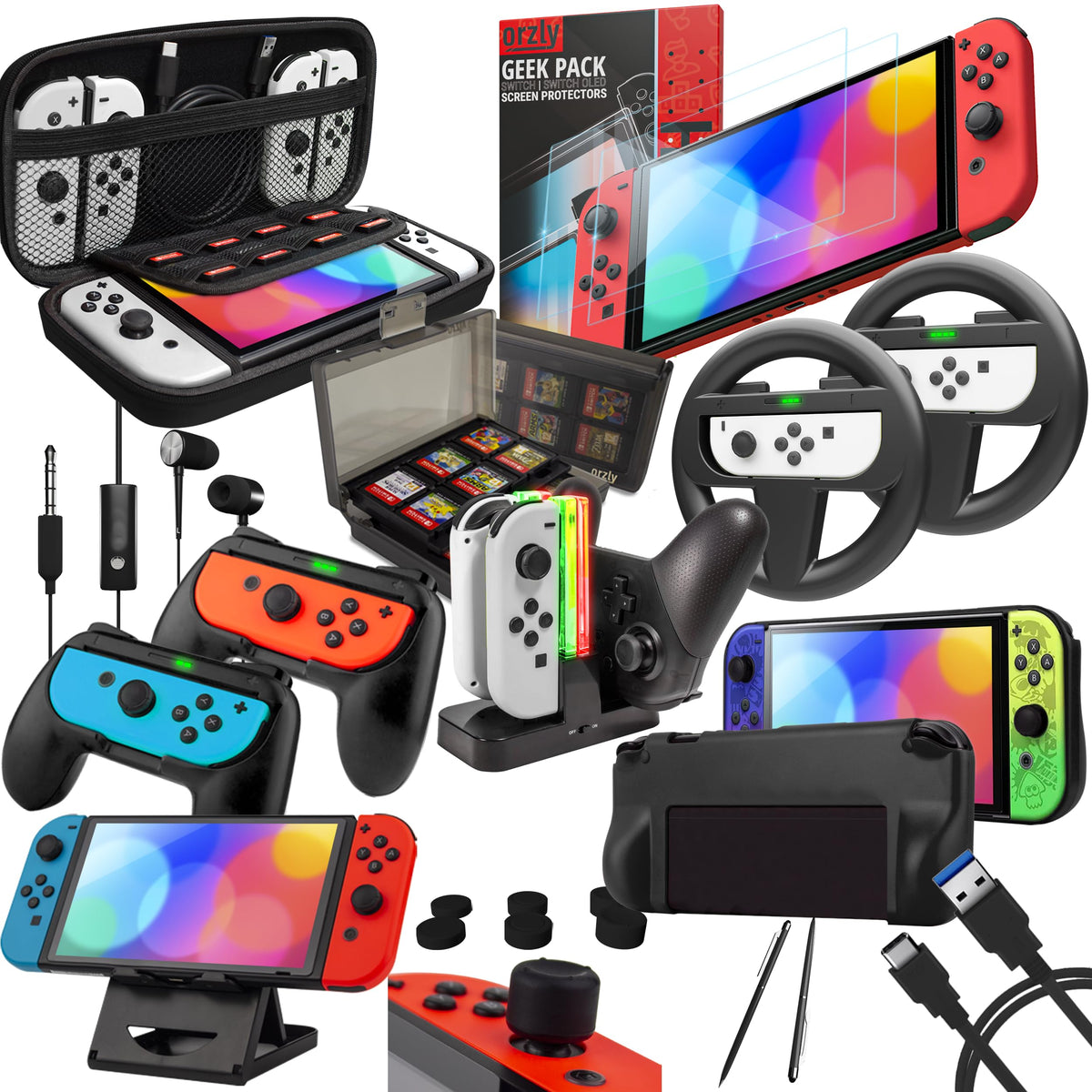 Orzly Accessory Bundle Kit designed for Nintendo switch Accessories Geeks and Oled console users Case and Screen protector  Joycon grips and Wheels for enhanced games play and more - Jet black