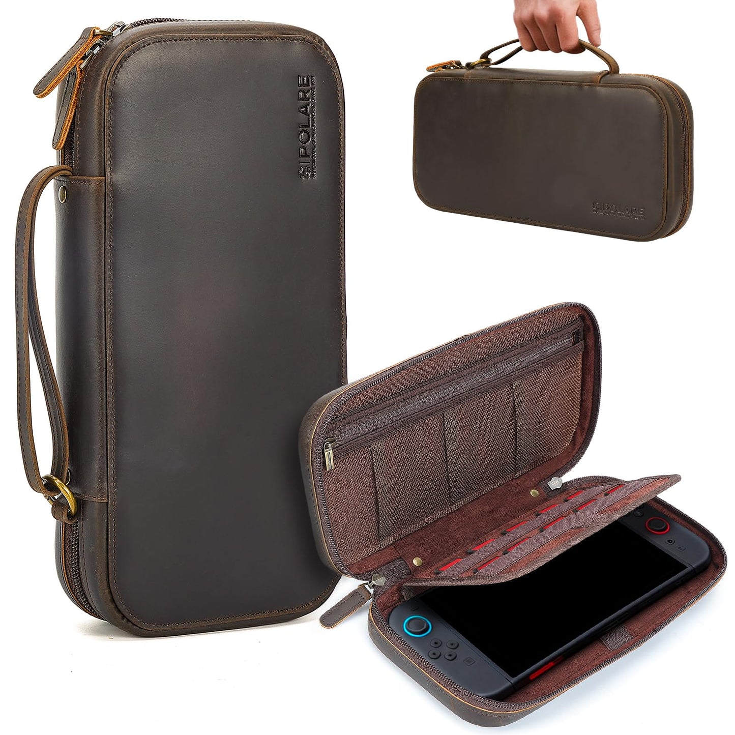 Polare Full Grain Leather Slim Carrying Case for Nintendo Switch 2 with 10 Game Card Slots - Travel Storage Case for Handheld Consoles  Features Plush Lining Interior Protection