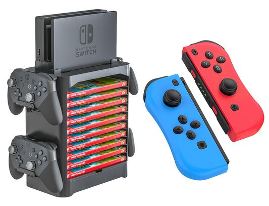 Skywin Game Storage Tower & Controller Stand, Universal Holder, 1 Pack, Black/Blue/Red, Model SW-2311-T1730KJCNSSB