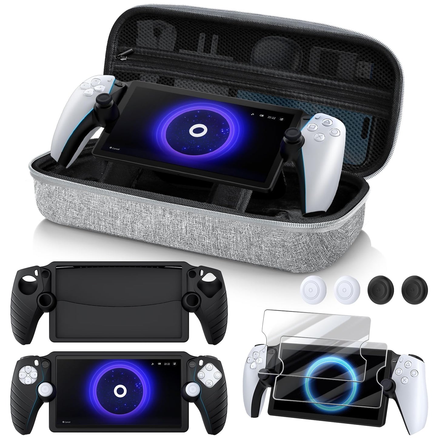 Kinwin 10 in 1 Accessories Bundle Compatible with PlayStation Portal  Grey EVA Carrying Case with Silicone Protective Cover  2 Pack Screen Protectors and 4 Thumb Grips for PS5 Portal Console