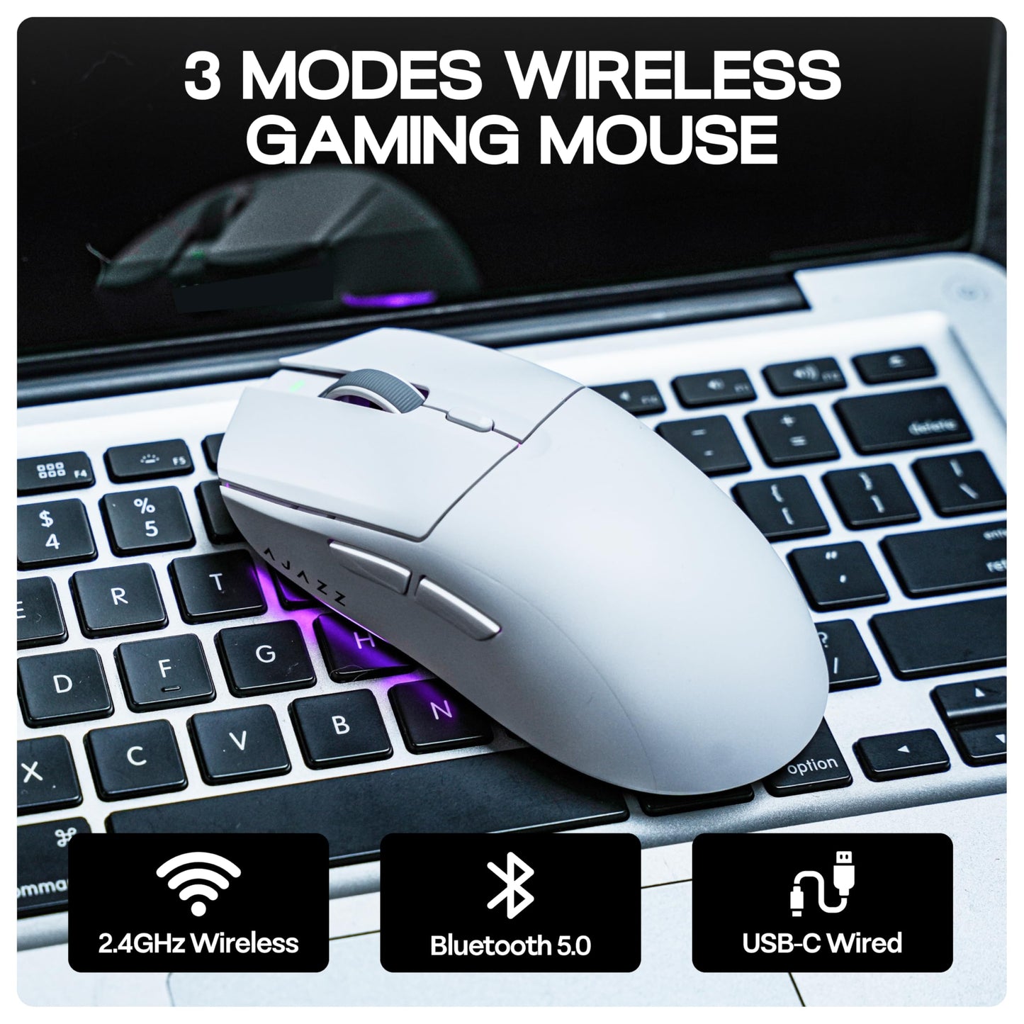 MechLands AJAZZ AJ139 V2 MC Gaming Mouse - 12,000 DPI, Wireless, 3 Modes, 500mAh Battery, Lightweight, White