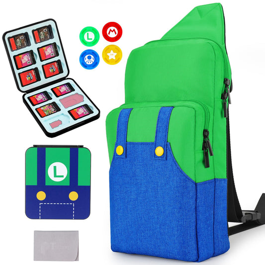 Owngen Travel Bag for Nintendo Switch/Lite/OLED  for Super Liugi Portable Gaming Sling Chest Shoulder Crossbody Carrying Accessories Storage Backpack with Cute Game Card Case  4 Thumb Grip Caps
