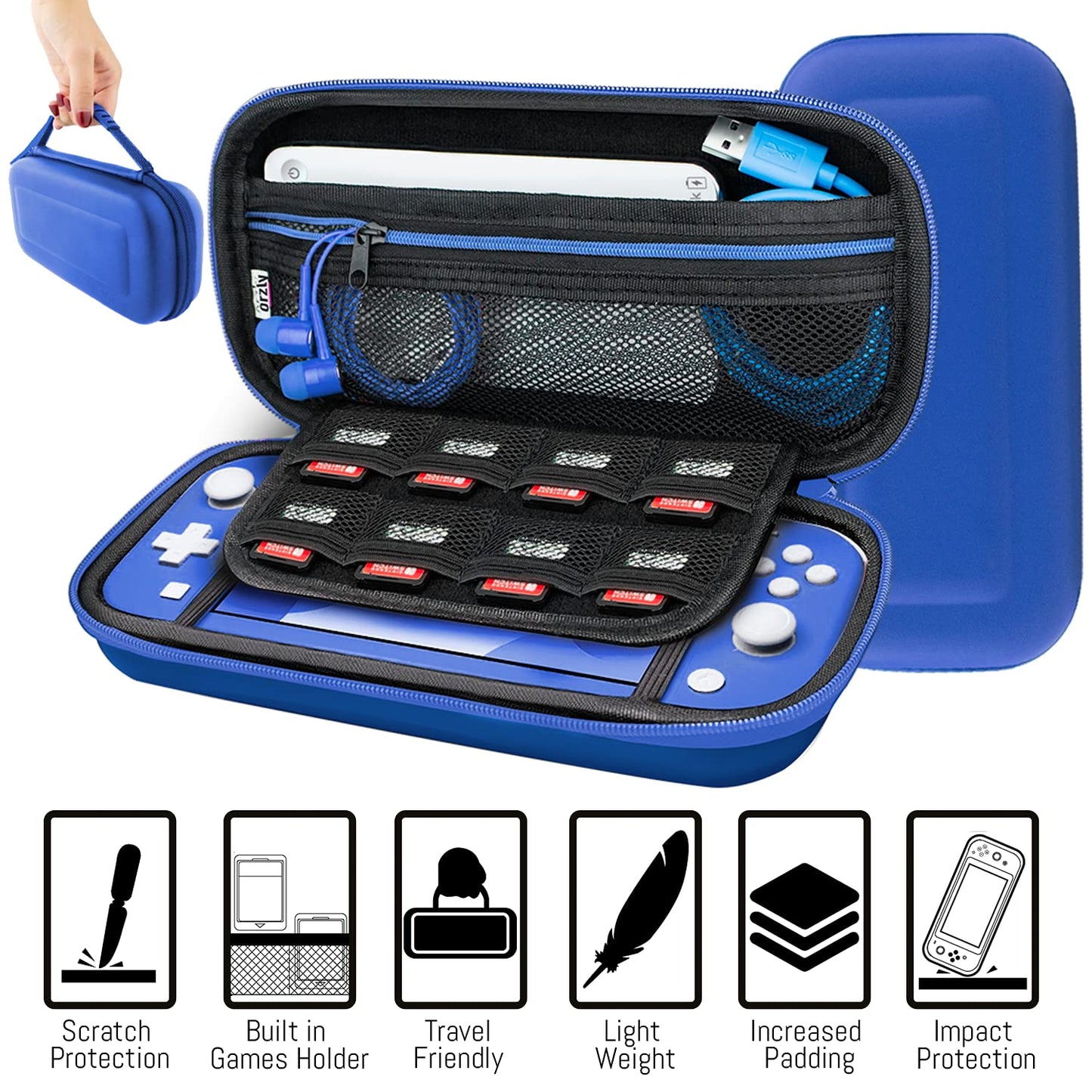 Orzly Switch Lite Accessories Bundle - Case, Screen Protector, USB Cable, Headphones, Comfort Grip - New Blue, Model: Ad-bm1-121898