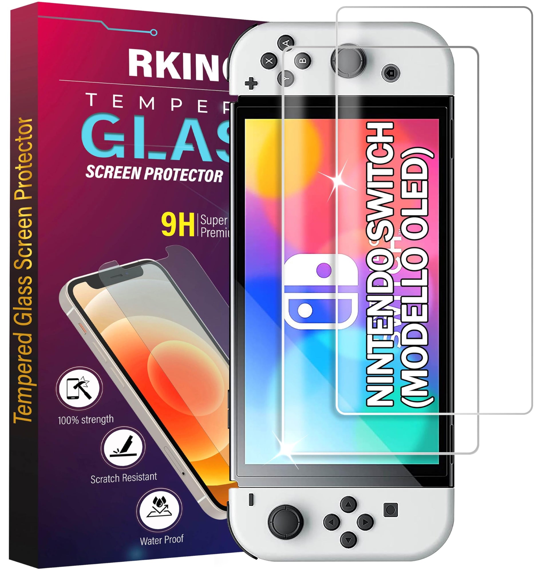 RKINC Screen Protector [2-Pack] for Nintendo Switch (Model OLED) 2021  Tempered Glass Film Screen Protector  0.33mm [Bubble-Free][Anti-Scratch][Anti-Shatter]