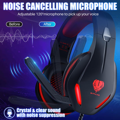 Stynice Butflake Gaming Headset - Wired, Noise Cancelling Mic, LED Light, Lightweight, Red, Model GH-2 for PC, PS4, Xbox One, Laptop