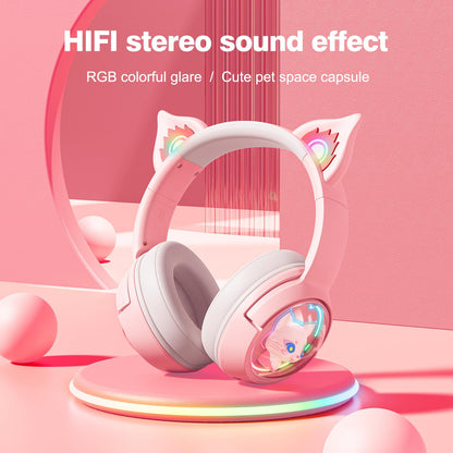 PHNIXGAM Cute Cat Bluetooth Headphones, Wireless/Wired, RGB LED Light, For Kids & Adults, Pink, Model B5