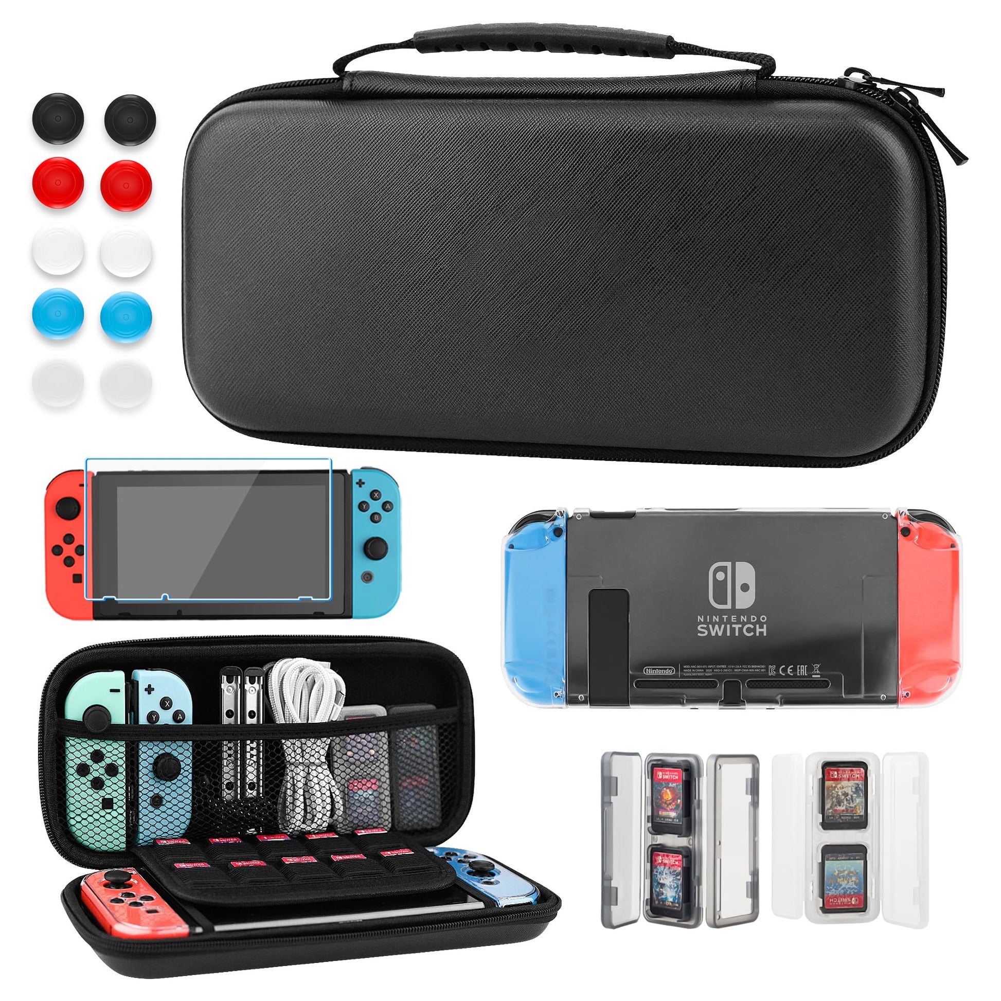 GLDRAM Black Carrying Case for Nintendo Switch  11 in 1 Accessories Bundle with Portable Switch Travel Bag  Clear Protective Skin Cover  2 Mini Swich Card Holder  Screen Protector & 10 Thumb Grips