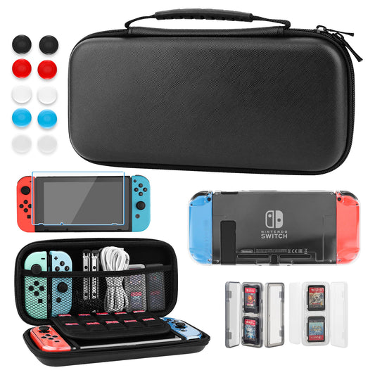 GLDRAM Black Carrying Case for Nintendo Switch  11 in 1 Accessories Bundle with Portable Switch Travel Bag  Clear Protective Skin Cover  2 Mini Swich Card Holder  Screen Protector & 10 Thumb Grips