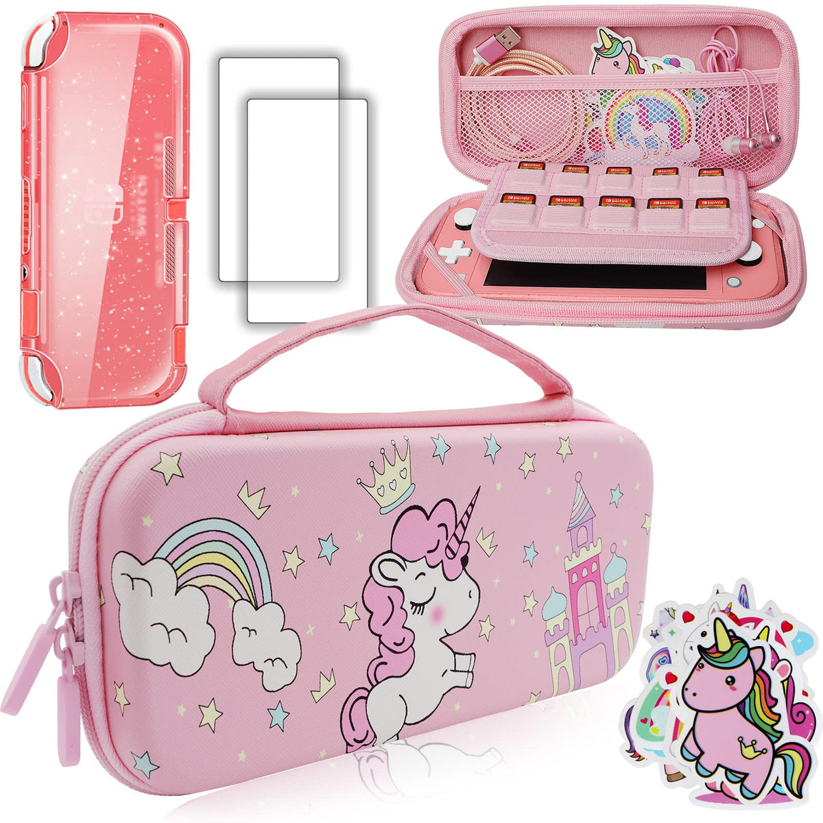 Pink Unicorn Carrying Case Compatible with Nintendo Switch Lite with stone Glitter Soft Protective Case Cover+Screen Protector+Stickers  Hard Storage Case Accessories Kit for Girls Birthday Gift