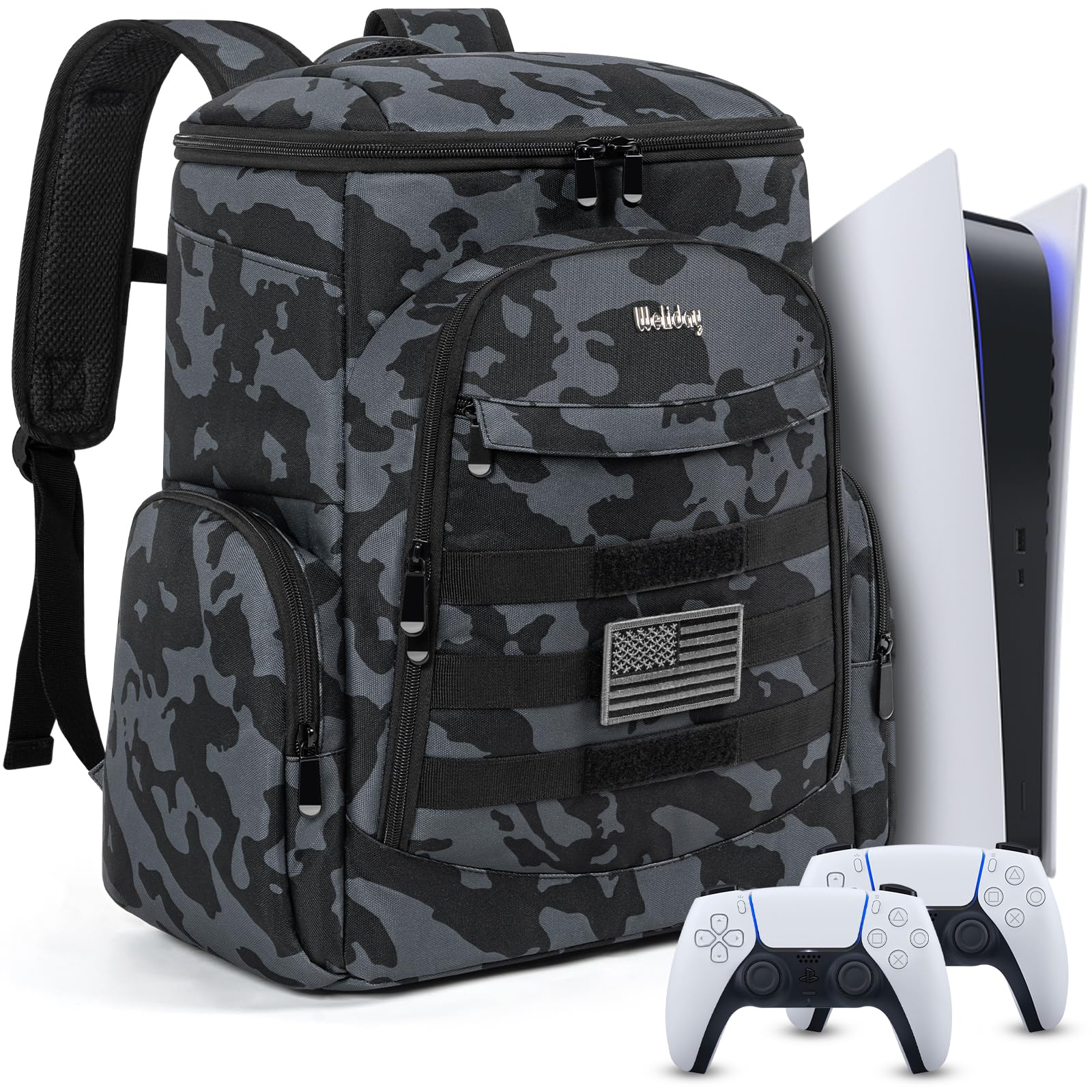WELIDAY Gaming Console Backpack Compatible with PS5/PS5 Slim/PS5 Pro, Protective Travel Case with 15.6 Laptop Compartment and Mu