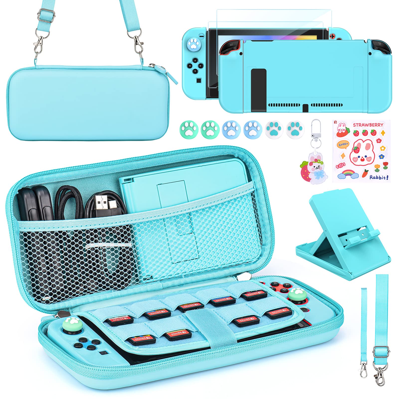 Younik Switch Accessories Bundle  15 in 1 Blue Switch Accessories Kit for girls Include Switch carrying case with 9 game card sections  Adjustable Stand  Protective case for Switch console & J-con(Blue)