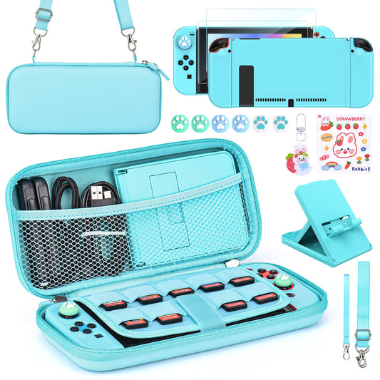 Younik Switch Accessories Bundle  15 in 1 Blue Switch Accessories Kit for girls Include Switch carrying case with 9 game card sections  Adjustable Stand  Protective case for Switch console & J-con(Blue)