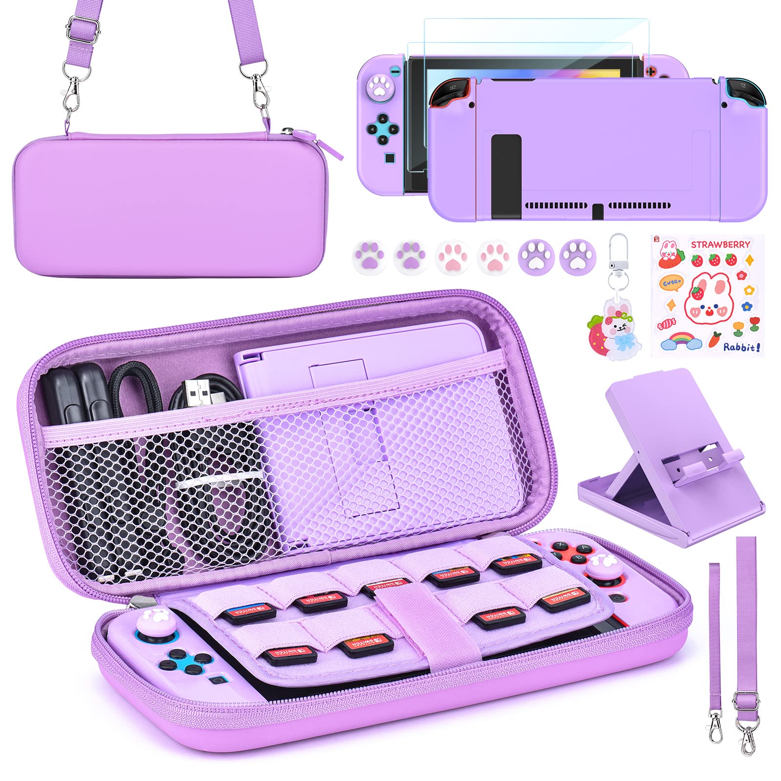 Younik Switch Accessories Bundle  15 in 1 Purple Switch Accessories Kit for Girls Include Switch Carrying Case with 9 Game Card sections  Adjustable Stand  Protective Case for Switch Console & J-Con
