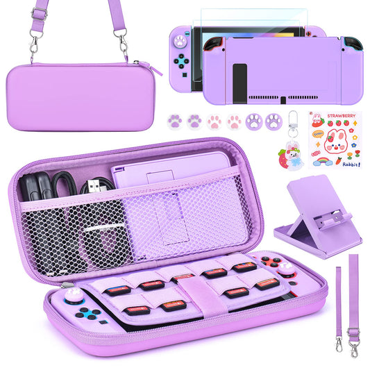 Younik Switch Accessories Bundle  15 in 1 Purple Switch Accessories Kit for Girls Include Switch Carrying Case with 9 Game Card sections  Adjustable Stand  Protective Case for Switch Console & J-Con
