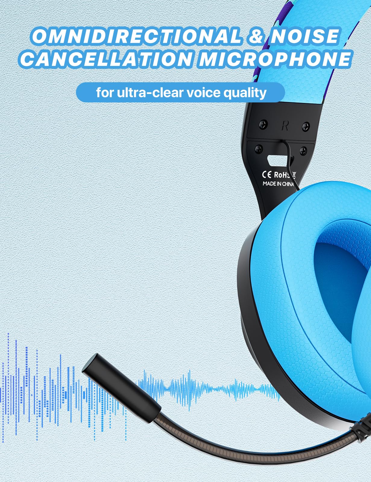 WIRWTRU S30 Gaming Headset - Wired, Noise Cancelling Mic, Lightweight 198g, Soft Earmuffs, Blue - Compatible with Xbox, PS5, PC