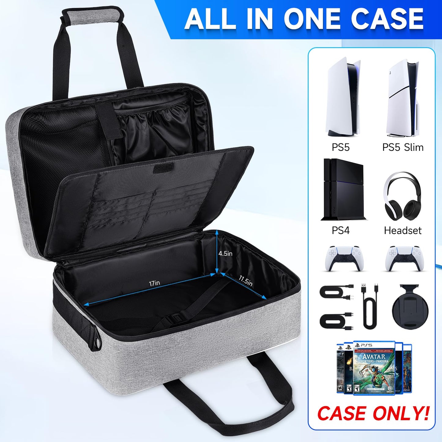 LEFOR·Z PS5 Carrying Case - 17 Pocket Travel Storage Bag, Grey, 17 x 12 x 12 inches, Thick Padding for PS5/PS4 Accessories
