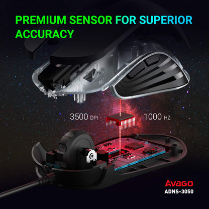 ABKONCORE M30 Wired Gaming Mouse, 3500 DPI, 6 Programmable Buttons, RGB Backlit, Ergonomic Design, Black