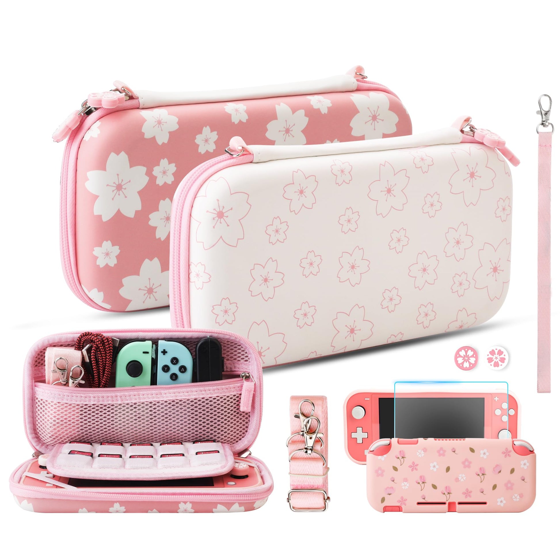 HYPERCASE Pink Sakura Carrying Case for Nintendo Switch Lite  Girly Accessories Bundle kit with Switch Lite Protective Cover  HD Screen Protector  2 Cute Thumb Caps  Hand Strap & Shoulder Strap
