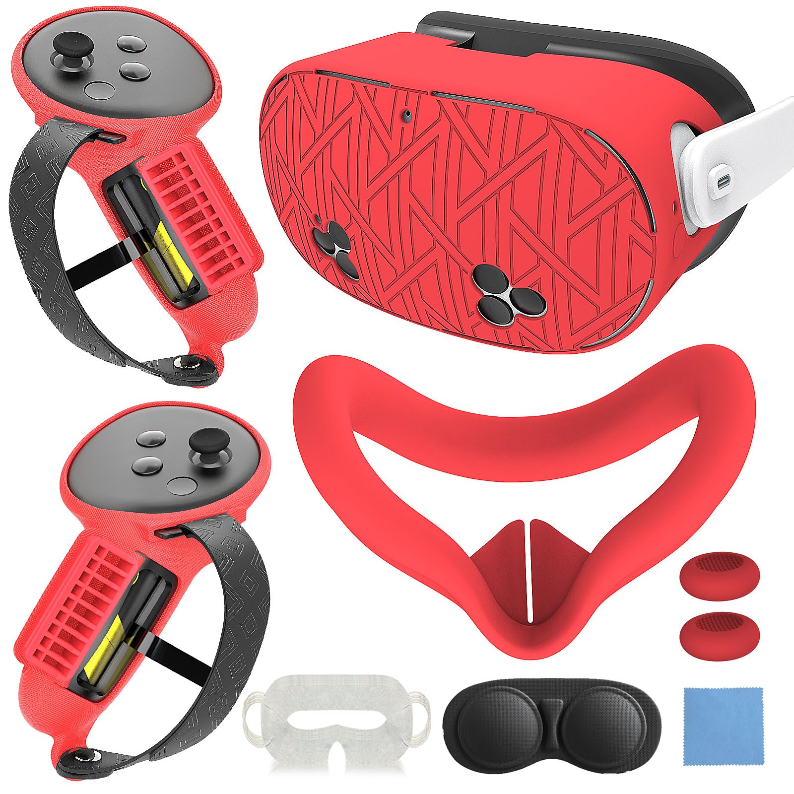 7-in-1 Protective Silicone Cover Set for Meta Quest 3s Accessories  Included Battery Opening Controller Grips  VR Silicone Face Cover and Shell Cover_(Stripe-Red)